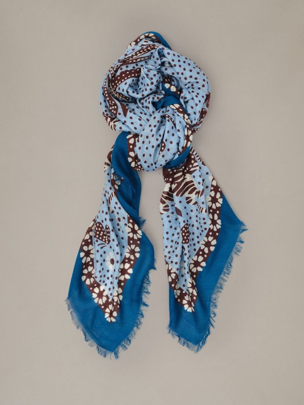 J McLaughlin The Katherine Scarf in Folk Tale Border - Light Blue/Brown NEW
